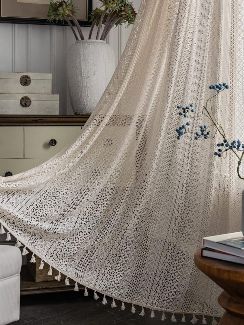 Beige Boho Lace Sheer Curtains 84 inches Long,Crochet Macrame Semi-Sheer Bohemia